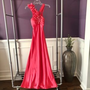 Coral satin open back prom dress